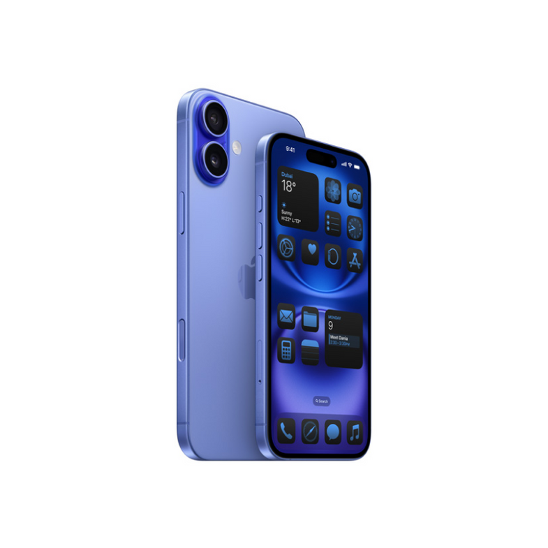 Blue iPhone 16, front and back